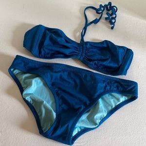 J. Crew ruched tie bandeau bikini, peacock blue, size Large